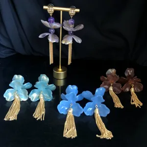 New Chinese Style Long Tassel Dangle Earrings For Women Resin Flower Gold Plated Vintage Statement Earrings Fashion Jewelry
