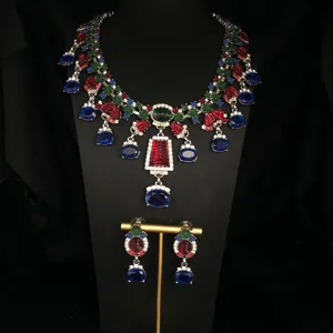 Exquisite vintage multi-color rhinestone statement necklace and earrings set for women.