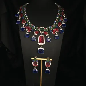 Statement rhinestone necklace and earrings set luxury colorful crystal jewelry for women