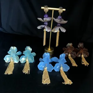 Elegant long tassel flower earrings with multi-color resin petals and shiny gold finish for women