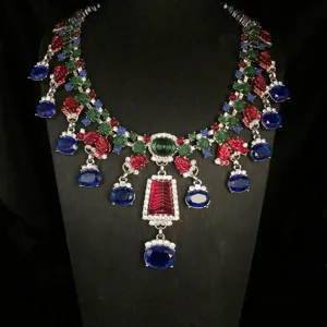 Exquisite multi-color crystal statement necklace detail, luxury carved gemstone jewelry set.