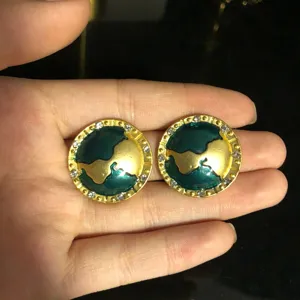 Vintage enamel earth planet stud earrings with rhinestones gold tone fashion jewelry women