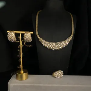 Vintage Court Style Antique Gold Alloy Artificial Pearl Rhinestone Inlaid Necklace Earrings Ring Fashion Jewelry