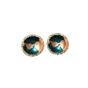 Green enamel earth planet stud earrings for women, gold tone rhinestone chic jewelry.
