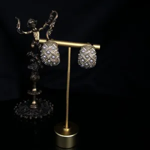 Vintage baroque style gold-tone pearl rhinestone hoop stud earrings, elegant detail display.