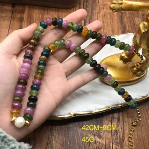 Natural Multi-Color Tourmaline Flat Bead Necklace Pearl Pendant Elegant Jewelry Set For Daily