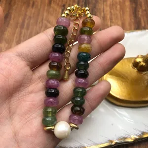 Natural tourmaline flat bead bracelet with cultured pearl, retro style handmade gemstone jewelry for women.
