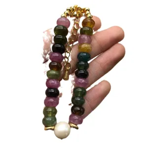 Natural multi-color tourmaline flat bead bracelet with cultured pearl vintage gold jewelry