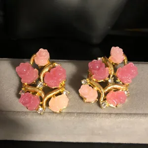 Vintage Pink Blue Rose Flower Stud Earrings Clip On Rhinestone Alloy Fashion Jewelry Gift For Women