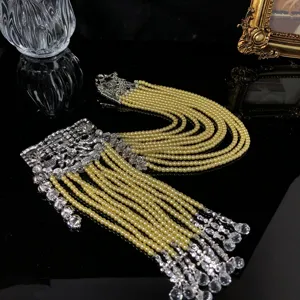 Vintage multi-strand pearl rhinestone tassel brooch elegant retro rhinestone jewelry accessory