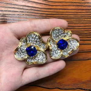 Vintage luxe strass fleurs boucles d'oreilles retro plaque or bleu cristal bijoux