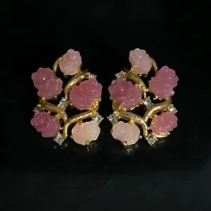 Stunning pink carved rose earrings with gold branches and sparkling rhinestones for women.