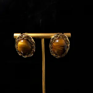 Vintage gold tiger eye stone earrings detail showcase retro style chic women jewelry accessory
