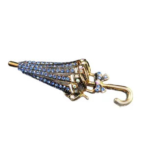 Spilla ombrello in strass blu scintillante elegante accessorio moda per abito e camicia