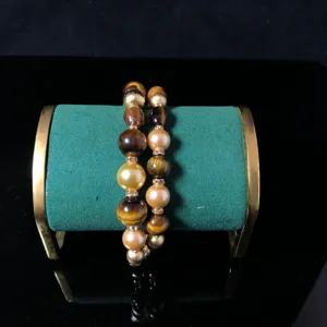 Vintage double-layer beaded bracelet with tiger's eye stones and rhinestone spacers.