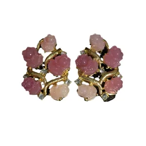 Pink 3D rose flower earrings with gold branches and crystal studs, elegant and sweet jewelry.