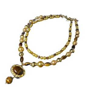 Retro double layer beaded necklace with tiger eye pendant, vintage gold brown jewelry.