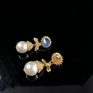 Chic vintage blue rhinestone pearl drop earrings elegant gold metal jewelry for women