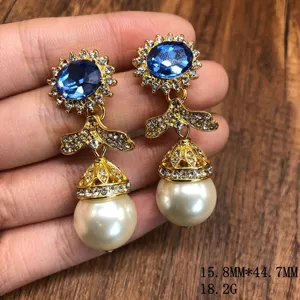 Vintage blue gemstone pearl tassel earrings, elegant rhinestone gold drop earrings for women.