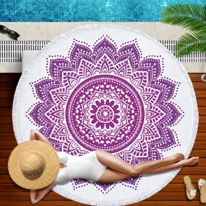 Round bohemian mandala beach towel with fringe, large microfiber towel for summer pool party.