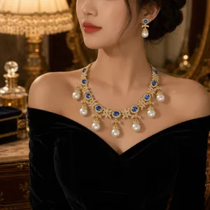 Vintage Blue Sapphire Pearl Tassel Necklace Set Elegant Gold Jewelry for Women Party