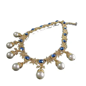 Vintage Baroque Sapphire Pearl Tassel Necklace Gold Tone Luxury Designer Style Main View