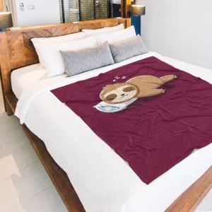 Flannel throw blanket featuring a cute sleeping sloth graphic and funny text for cozy home decor.
