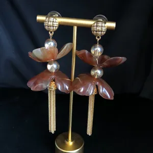 New Chinese style long flower tassel earrings for women, gold-plated vintage elegant drop jewelry.
