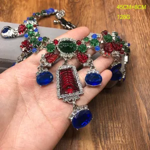 Exquisite vintage baroque style statement necklace with colorful rhinestones for women.