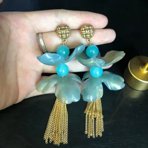 Long Chinese style tassel earrings with blue flower and gold chains for women fashion jewelry