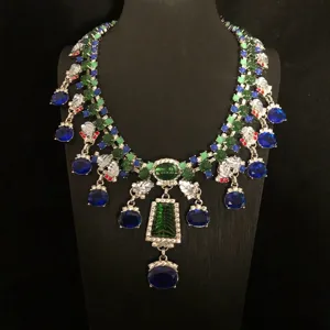 Luxury vintage statement rhinestone necklace with blue and green crystals for women.