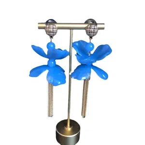 Blue flower tassel earrings, long gold fringe drop earrings for women daily fashion wear.