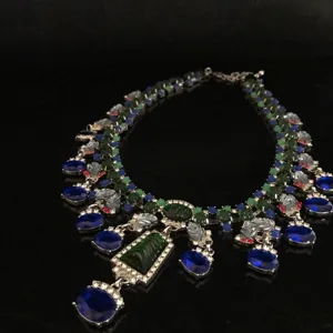 Exquisite blue green rhinestone statement necklace high-end costume jewelry couture copper set