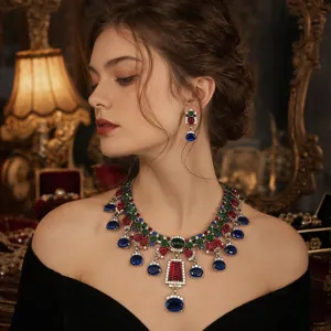 Exaggerated High-End Copper Rhinestone Blue And Red Crystal Necklace Earrings Set For Women Fashion Jewelry