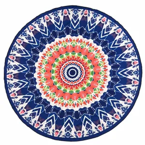 Round mandala print beach towel, soft fiber fabric, colorful bohemian circular tapestry.