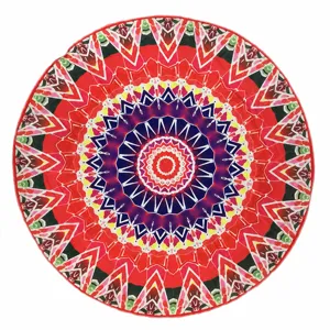 Round microfiber mandala printed beach towel with colorful geometric pattern for summer.