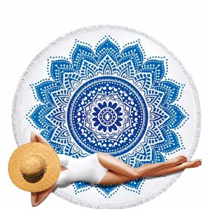 Round mandala beach towel with fringe, quick-dry microfiber fabric for summer vacation.