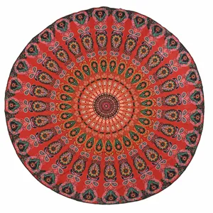 Round mandala printed beach towel, bohemian style microfiber roundie rug for yoga.