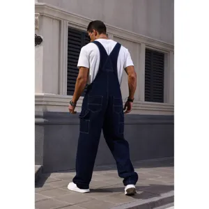 Men's dark blue denim bib overalls with multiple pockets, casual streetwear style for daily wear.