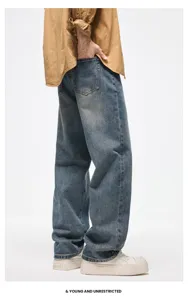 Jeans baggy streetwear vintage blu lavato gamba dritta larga stile casual da uomo