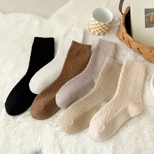 Women Winter Warm Plush Crew Socks Retro Argyle Pattern Solid Color Casual Thickened Soft Cozy Fashion Daily Hosiery