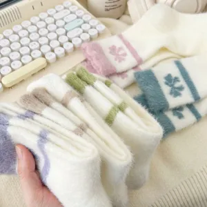 Thickened fluffy fuzzy winter socks for women, cozy warm home sleep mid-tube hosiery detail.
