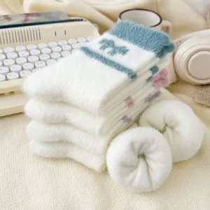 Cozy fluffy winter warm fleece socks for women, thick home floor sleep socks detail view.