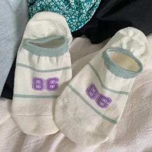 Calzini bassi donna cotone bianco estate sottile invisibile antiscivolo con righe verdi