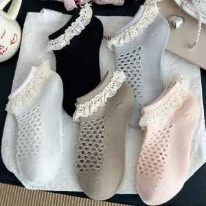 Calcetines mujer encaje volantes malla verano transpirable corte bajo calcetines barco 5 pares.