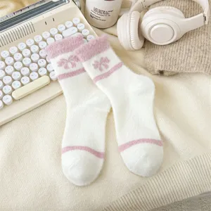 Cozy fuzzy winter socks for women, thick plush warm mid-tube floor socks with cute bow.