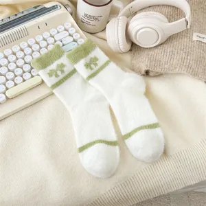 Fluffy warm winter socks for women cute green bow plush thermal cozy home sleeping floor socks