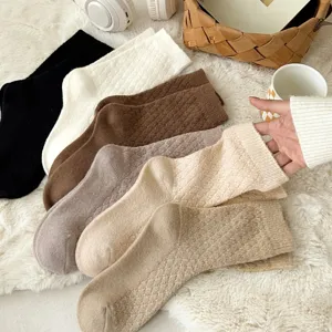 Winter retro diamond knit slouch socks cozy solid color warm mid-tube casual wear soft daily