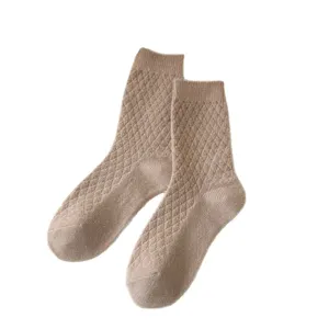 Women's autumn winter vintage diamond knit mid-tube socks cozy solid color warm hosiery