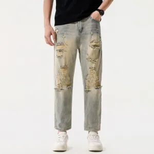 Mens Casual Loose Straight Leg Cropped Jeans Vintage Blue Distressed Washed Denim Pants American Retro Streetwear Fashion Trousers